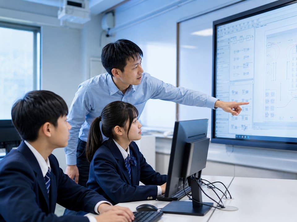 Teacher guiding students with classroom technology